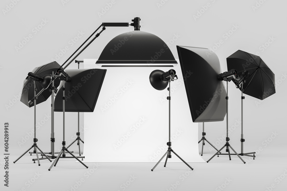 Photo studio with mock up blank cyclorama and modern lighting set