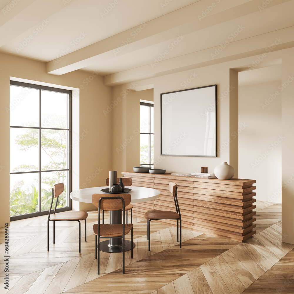 Fototapeta premium Beige dining room corner with table and poster
