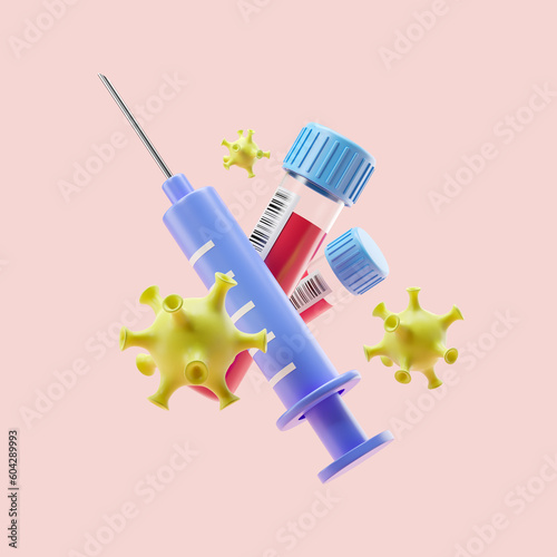 Cartoon syringe with test tube and bacterium, vaccine
