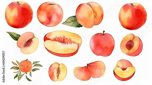 set of watercolor peaches  generative ai