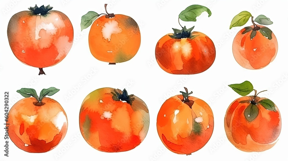 set of watercolor persimmons, generative ai set of watercolor persimmons, generative ai