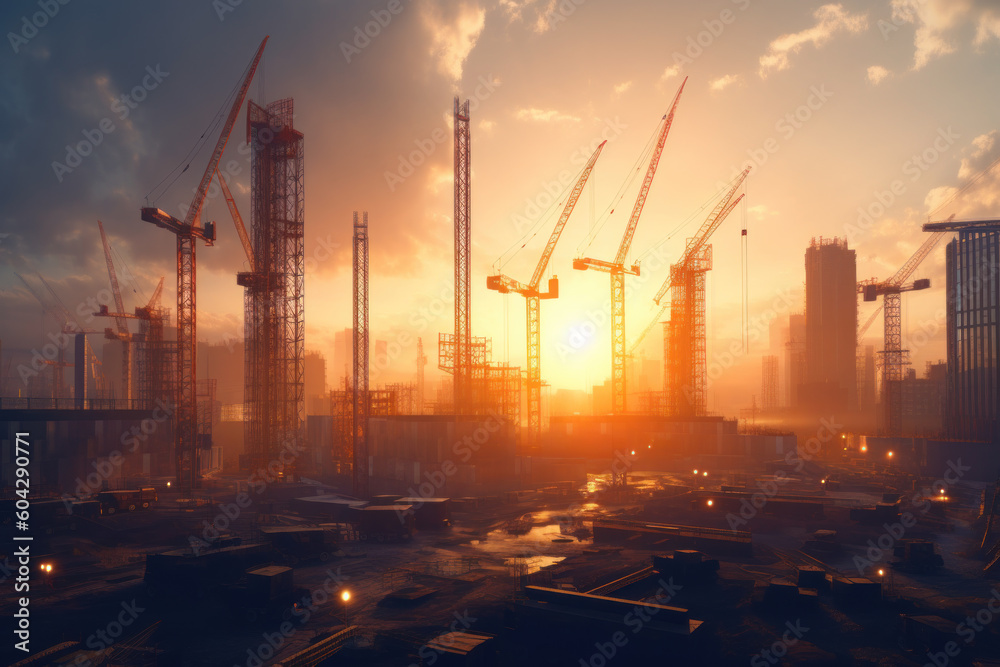 Sunset Construction Site, Showcasing Towering Buildings and Cranes, Capturing Development and Progress, Generative AI