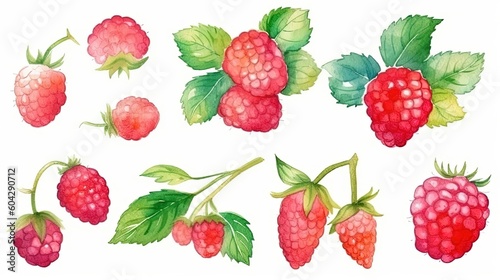 set of watercolor raspberries  generative ai