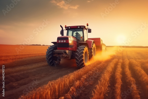 Modern Tractor Working in a Field at Sunset, Depicting Machinery Used for Agricultural Harvesting, Generative AI