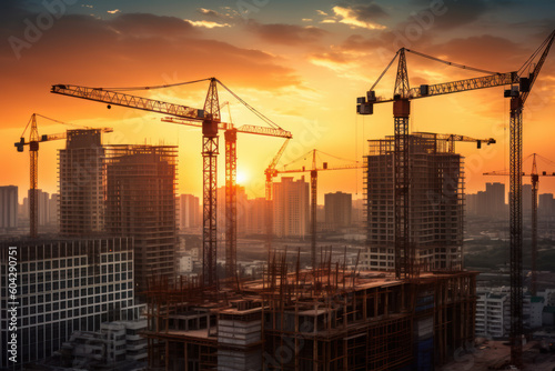 Construction Site at Sunset, Showcasing Towering Buildings and Cranes in Various Construction Stages, Generative AI