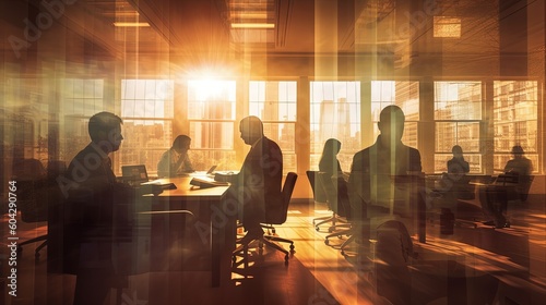 Silhouette of business people work together in office. Concept of teamwork and partnership. double exposure with light effects