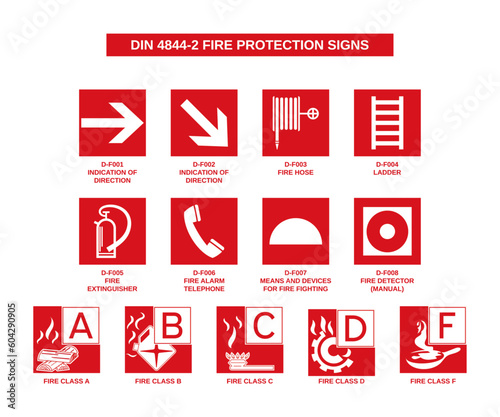 set of din 4844-2 fire protection signs on white background