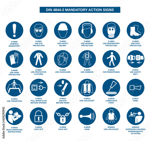 set of din 4844-2 mandatory action signs on white background