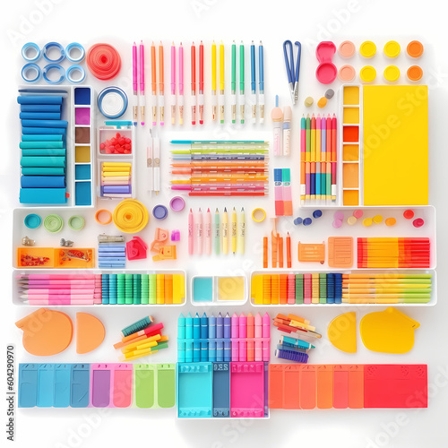 Colorful School Supplies On White Background Illustration