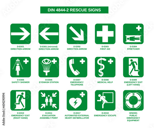 set of din 4844-2 rescue signs on white background