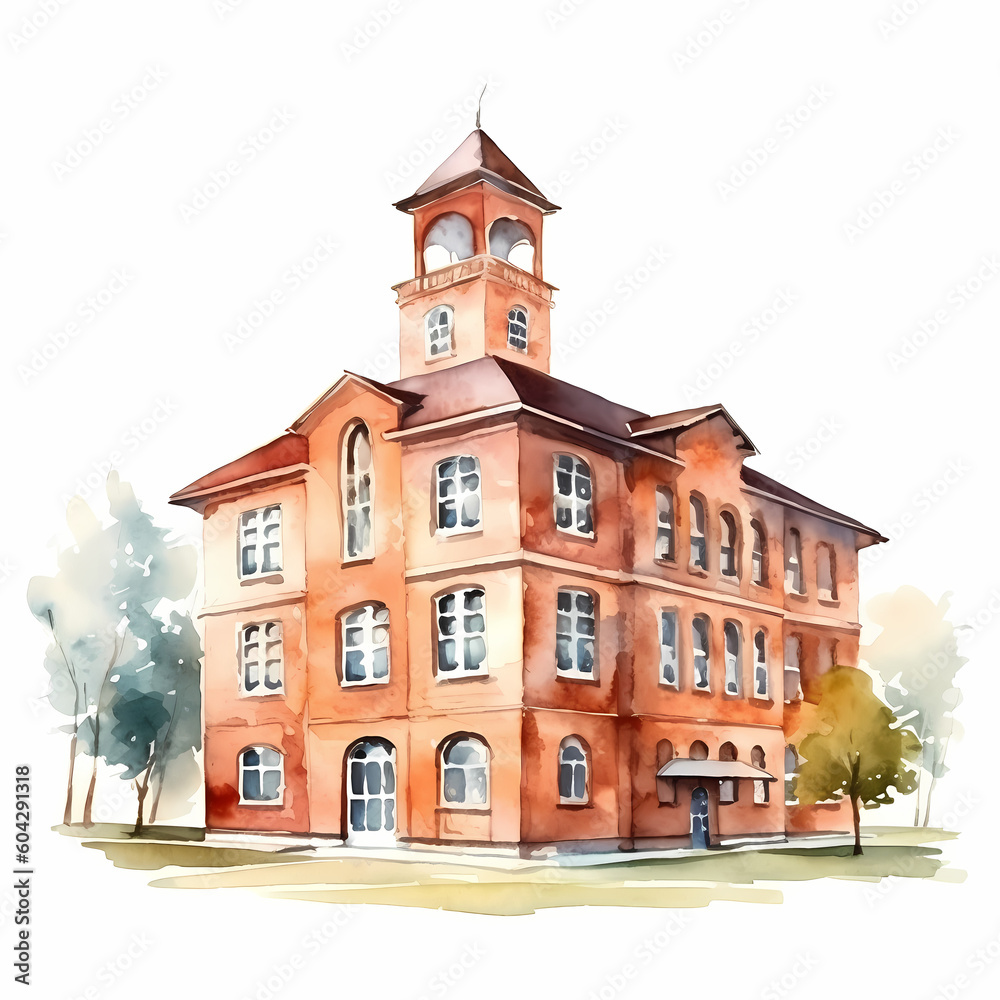 Nat Watercolor Illustration Of A School Building
