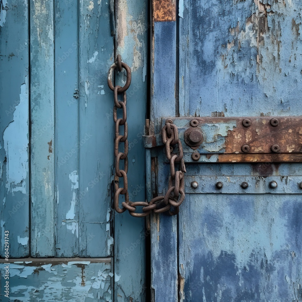 Faded Beauty: Blue Rusted Wooden Door with Chains Faded Beauty: Blue Rusted Wooden Door with Chains