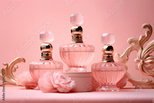 Vintage Perfume Bottles Display: Pink Chic Palette Background Image Created by Generative AI