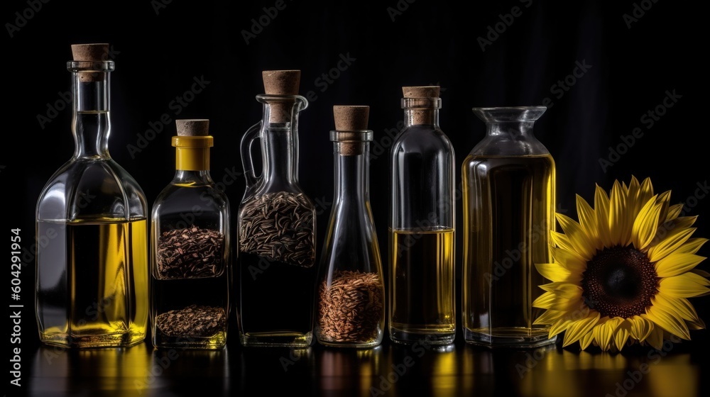 Various sunflower oil in bottles and containers in a row, fresh sunflower flowers, black background. AI generated. Various sunflower oil in bottles and containers in a row, fresh sunflower flowers, black background. AI generated.