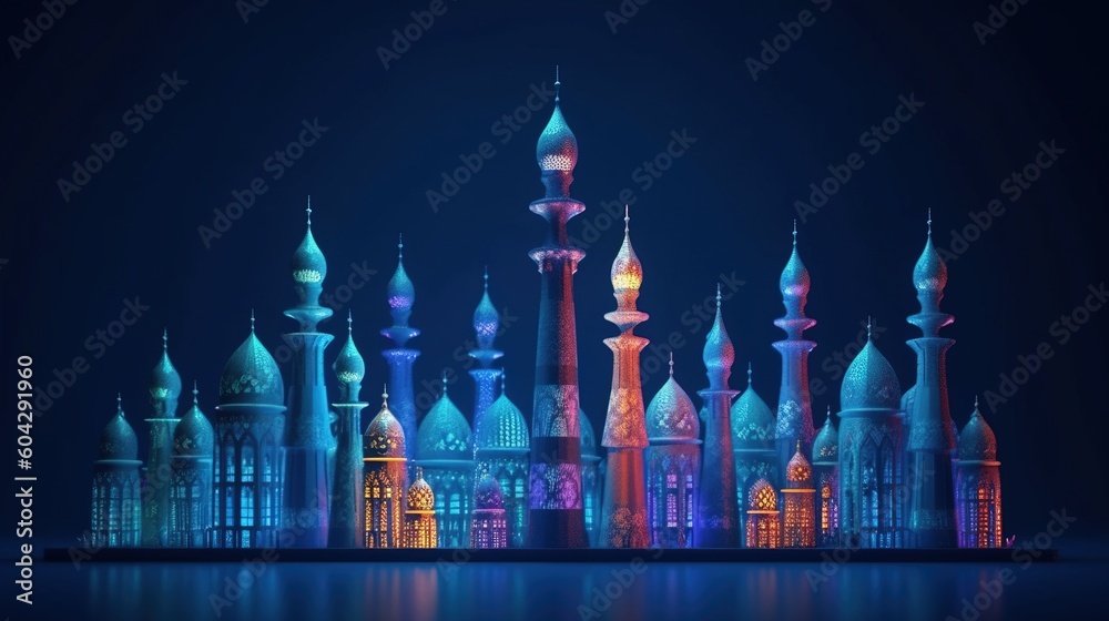 Fototapeta premium Muslim Islamic New Year, religious event. Graphic illustration. Bathed mosques. AI generated.