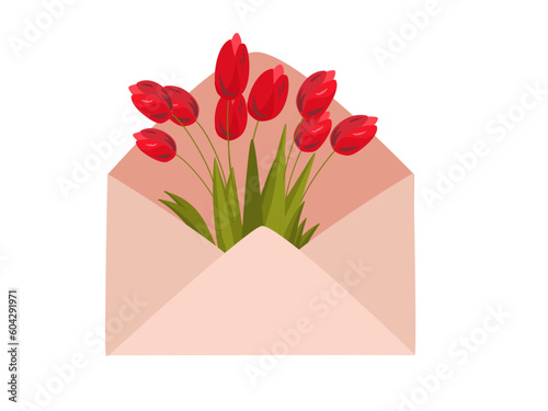 Fototapeta Naklejka Na Ścianę i Meble -  Bouquet of spring flowers tulips inside the pink envelope. Flat design. Hand drawn trendy vector greeting card. . Vector illustration