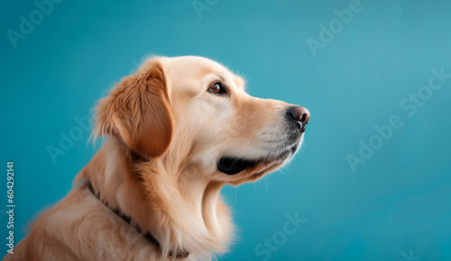 Dog in profile closeup, isolated, portrait. Golden labrador retriever on a blue background, copy space. Generative AI
