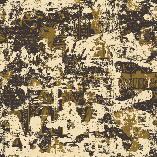 Seamless pattern on an Ancient Egypt theme with color images of Egyptian gods and handwritten text lorem ipsum. Vector abstract background in retro style. Wallpaper, wrapping paper, fabric