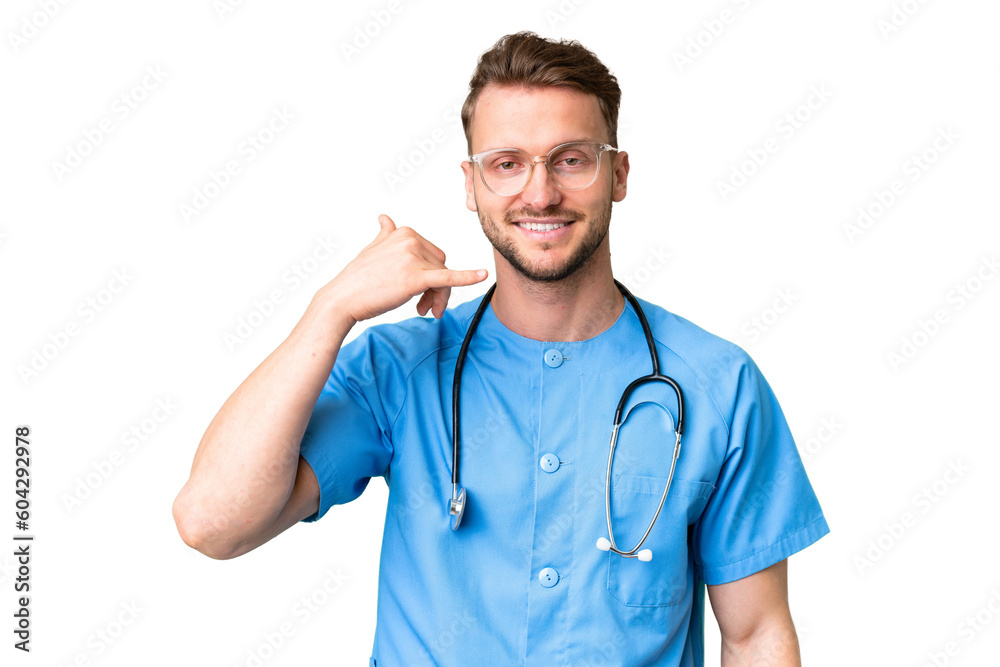 Young nurse man over isolated chroma key background making phone gesture. Call me back sign Young nurse man over isolated chroma key background making phone gesture. Call me back sign