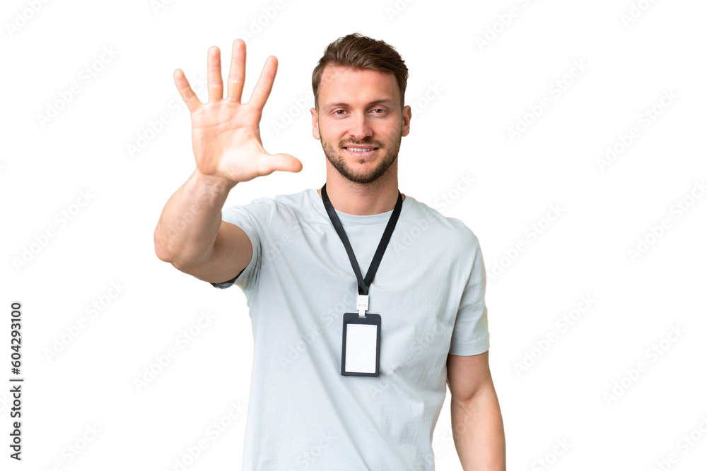 Young caucasian man with ID card over isolated chroma key background counting five with fingers Young caucasian man with ID card over isolated chroma key background counting five with fingers