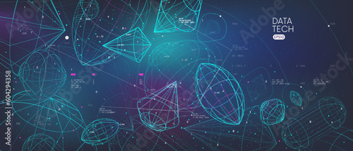 Sorting and analysis digital database, visualization of big data in the form of various wireframes 3d shapes, conceptual cyberspace of global network, vector illustration futuristic technology