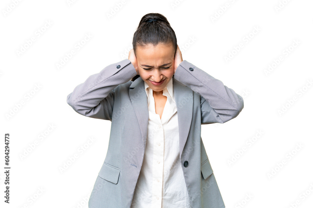 Young Arabian woman over isolated chroma key background frustrated and covering ears Young Arabian woman over isolated chroma key background frustrated and covering ears