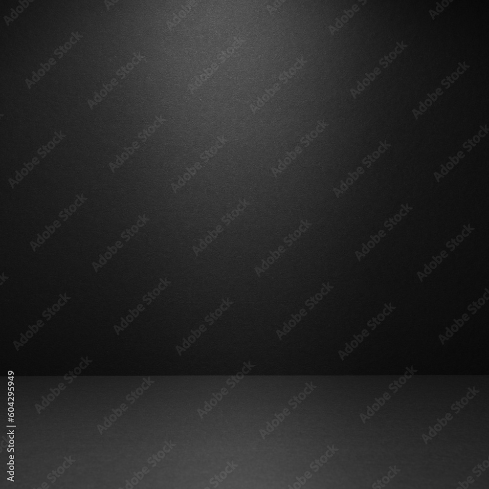Abstract black stage mockup with ray as beam with spot light, contrast, gradient, template for presentation cosmetic product, goods, advertising, design, showing, poster, flyer, text, card, square.