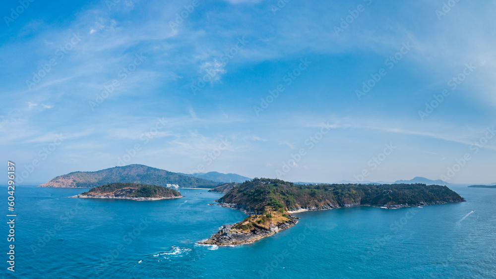 Beautiful landscape of sea and cape. Aerial panorama of the southernmost tip of the island of Phuket - Promthep Cape, Phuket, Thailand