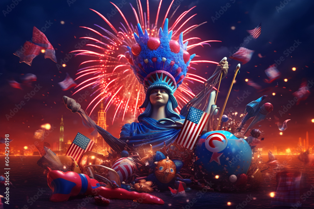 A statue with a crown with fireworks in the background. USA Independence Day concept.