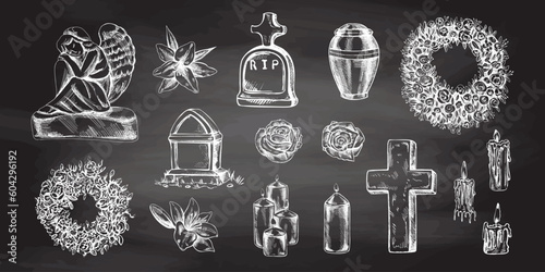 Hand drawn set for  Funeral service.  Vector illustration. Attributes and symbols of condolence, loss, dead, bereavement and cemetry.