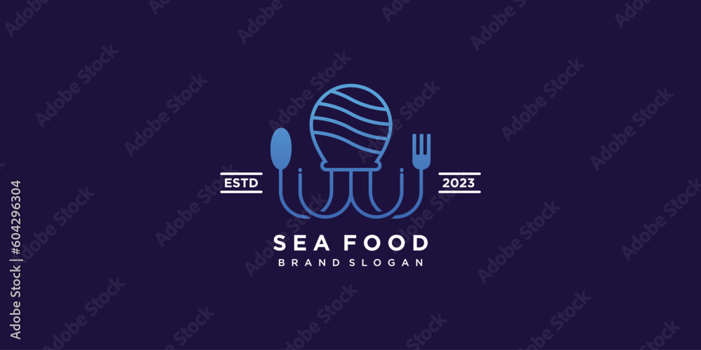 Seafood logo with octopuse creative design premium vector