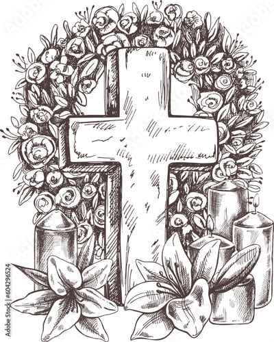 Old marble stone christ cross with a wreath,  candles and lilies. Vector hand drawn isolated illustration on white background. 