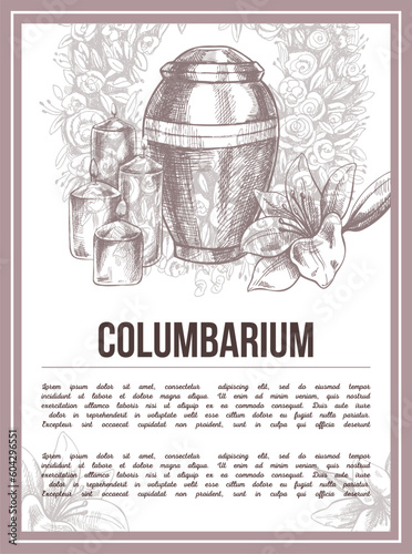 A hand-drawn vector funeral service banner.  Sketch illustration for condolence card and advertising of columbarium and cemetry with urn for ashes, vintage tombstone angel, wreath, cross