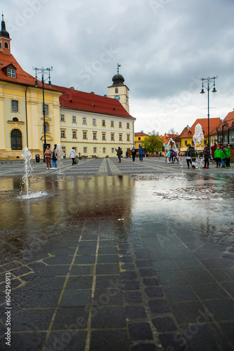 Medieval street with historical buildings in the heart of Romania. Sibiu the eastern European citadel city. Travel in Europe