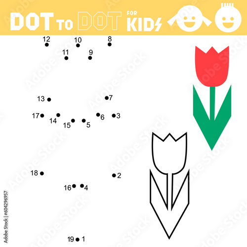 Dot to dot games for kids. Tulip. Connect the numbers and drawing spring flower. Coloring page. Book. Puzzle activity worksheet. Sketch vector illustration