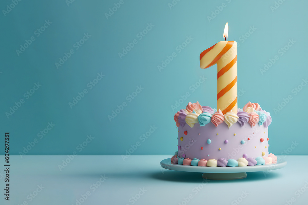 1st years birthday cake on isolated colorful pastel background. Generative Ai. - obrazy, fototapety, plakaty 