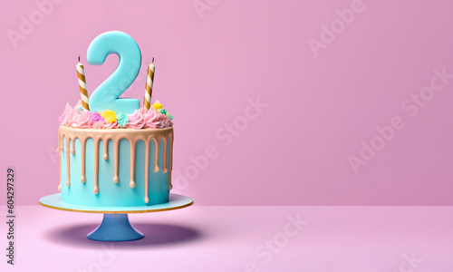 2nd years birthday cake on isolated colorful pastel background. Generative Ai.