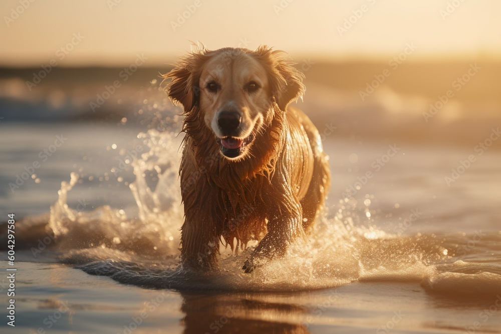 Generative AI, Happy Golden Retriever dog at the beach in summer