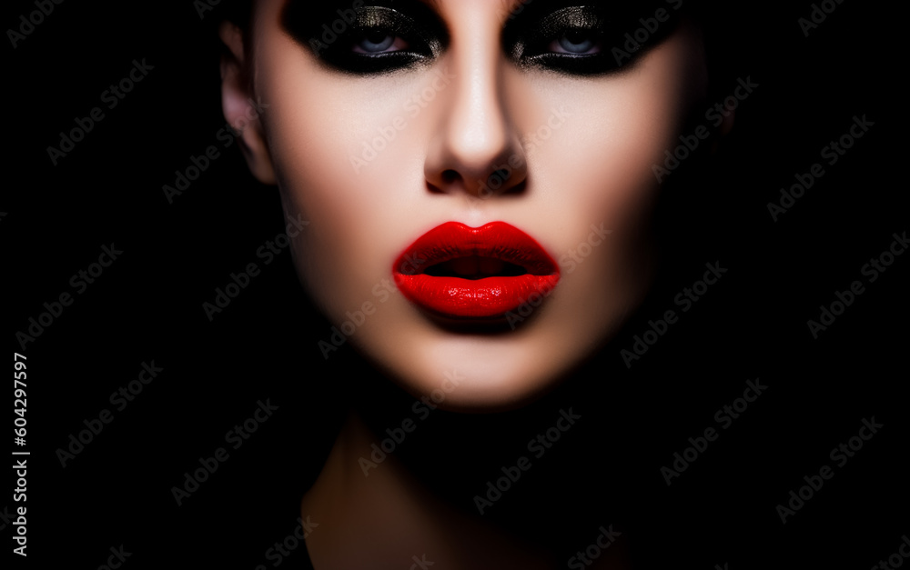 Beautiful female face with red lipstick, isolated on a black background. Glamour and fashion photography. Shallow field of view. Illustrative Generative AI. Not a real person. Beautiful female face with red lipstick, isolated on a black background. Glamour and fashion photography. Shallow field of view. Illustrative Generative AI. Not a real person.