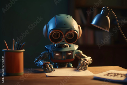 Robot doing homework at the desk, concept of education, learning and artificial intelligence, cartoon style, technological progress, generated ai