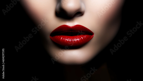 Close-up of red glossy female lips  showcasing beauty and allure  shallow depth of field  Illustrative Generative AI