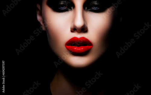 Beautiful female face with red lipstick  isolated on a black background. Glamour and fashion photography. Shallow field of view. Illustrative Generative AI. Not a real person.