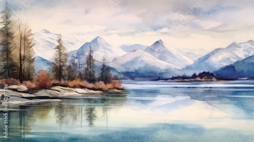 022_The serene beauty of a calm lake, paired with the majestic sight of snow-capped mountains in the distance, Watercolor, hand-drawn art style, Generative AI