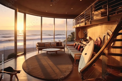 
Dramatic Golden Light and Surfboard Vibes - Ocean View Living Room