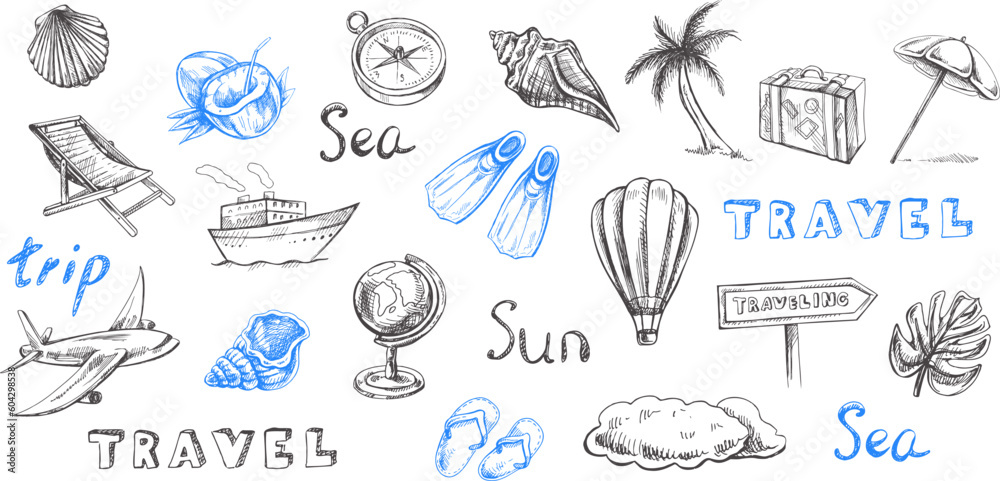 Hand drawn sketch set of travel icons. Sea  Tourism and adventure icons. Сlipart with travelling elements:  transport, palm, seashells,  luggage, beach, diving equipment.