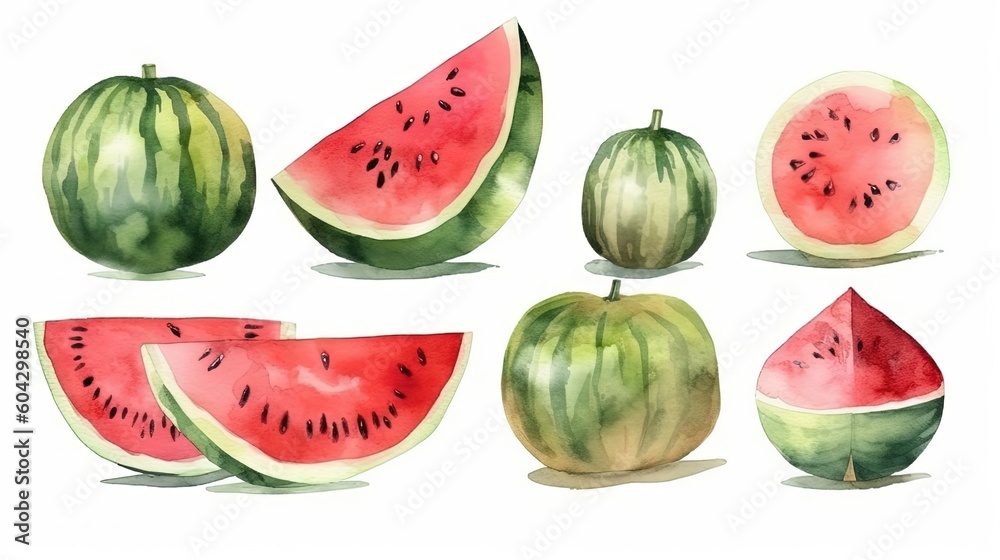 set of watercolor watermelons, generative ai