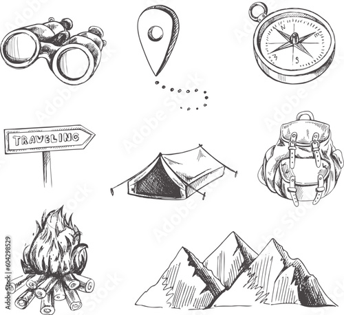 Hand drawn sketch set of travel icons. Tourism and camping adventure icons. Сlipart with travelling elements: mountains, campfire, backpack, binoculars, compass, tent