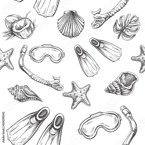 Seamless pattern with diving equipment, shells and sea stars, hand drawn. Hand drawn sketch  with scuba mask and aquatic underwater. Decorative wallpaper, good for printing. Design background vector