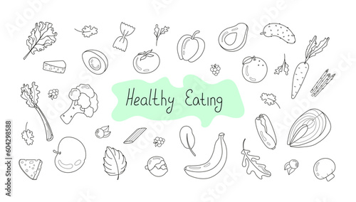 Vector illustration set of healthy food in doodle style.