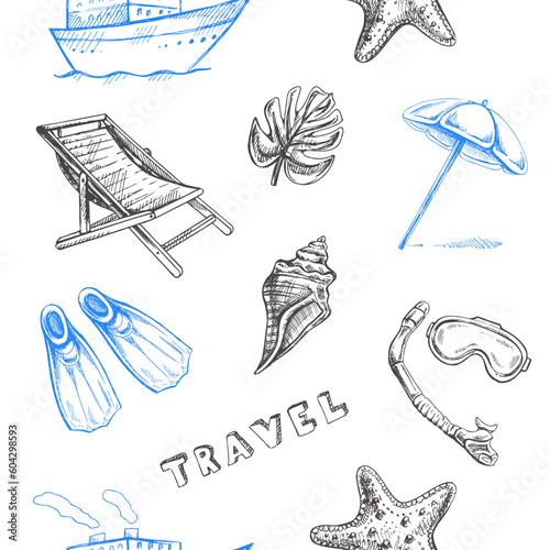 Hand drawn sketch seamless  pattern with  travel and sea elements. Sea  Tourism and adventure icons. Сlipart with travelling elements:  seashells, beach, diving equipment.